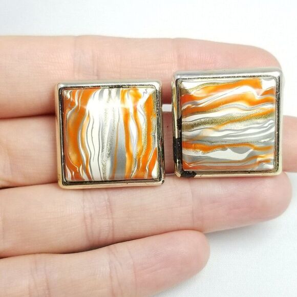 Vintage Orange and White Marbled Square Stud Earrings, Retro Design, Estate - Picture 2 of 7